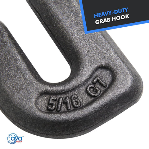 Close-up of a Weld-On Grab Chain Hook 5 Sixteenth Inch Heavy Duty Beefed Up Tow Hook G70 Forged Steel with 5/16 G70 marking