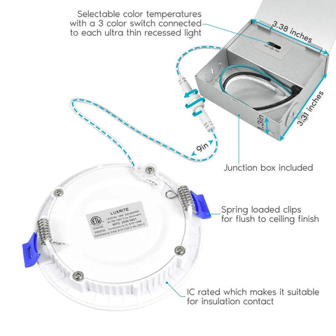 4 Inch Ultra Thin LED Recessed Downlight Kit, 10W, 700 Lumens, showing back with junction box, spring clips, ETL label visible