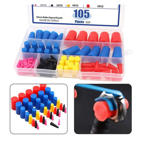 Premium Silicone Rubber Tapered Plug Set 105 Pcs High Temp Masking Plows For Powder Coating, Heat Resistant Cone Assortment Kit To Keep Your Gear Safe And Sound. Assorted silicone plugs in storage case