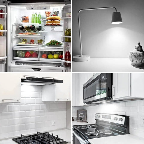 Collage showing kitchen appliances using Dimmable 5W LED Microwave Light Bulb 450 Lumens Super Bright Daylight White 6000K Replaces 40W Halogen E17 Base Two Pack For Microwave Ovens Over Stove Range Hood Refrigerator