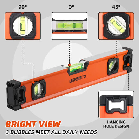 Heavy Duty 12 20 40 Inch Spirit Level Set Featuring A Magnetic Torpedo Pro Grade Aluminum Build showing three bubble levels and hanging hole.