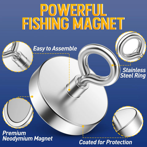 WUDIME 500 lb fishing magnet with eye bolt, stainless steel, 2.36-inch diameter (front view)