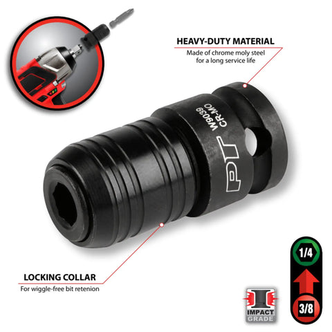 Rock Solid 3/8 To 1/4 Inch Hex Impact Adapter With Positive Locking Collar and Quick Change Swap, chrome moly steel material.