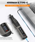 Grey cordless rotary tool with 4000mAh battery, digital speed display, side view with battery indicator