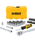 Heavy Duty Mechanics Tool Set Featuring Low Profile Ratchet And Directtorque Sockets Built Tough For Tight Squeezes Professional Grade Chrome Finish Impact Ready 3 8 Inch Drive 50 Piece Crew Favorite Garage Staple in a yellow DEWALT case.