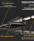 Cobalt Step Drill Bit Set With Center Punch by MulWark TiAlN Coated Unibit with four spiral flute and hex shank focus on drill tip.