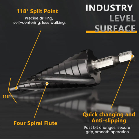 Cobalt Step Drill Bit Set With Center Punch by MulWark TiAlN Coated Unibit with four spiral flute and hex shank focus on drill tip.