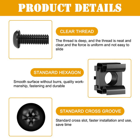 Detailed view of 50 Pack Top Shelf Rock Solid M6 Rack Mount Cage Nuts And Hex Screws Paired With Lock Washers Built Tough Black Nickel Plated Steel.