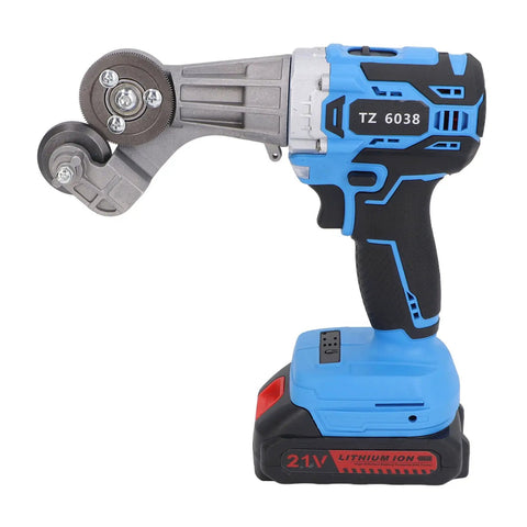 Jauarta 21V Cordless Electric Metal Shear With Rechargeable Battery Rotating Head And Led Light For Cutting Iron Sheet Aluminum Two Speed High Performance Power Tool With U S Plug side view with rechargeable battery and rotating blade.
