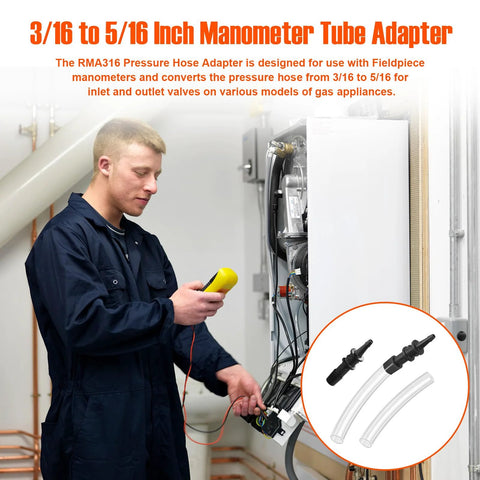 RMA316 manometer tube adapters, 2 pcs, 3/16 to 5/16 inch, clear hoses with black fittings for gas appliance valves