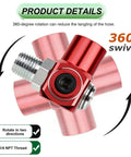 Close-up of a red, aluminum 2 Pack 360 Degree Swivel Air Tool Fittings Kit One Quarter Inch NPT Aluminum Adapters With MNPT Quick Connect Portable Air Hose Connectors For Hoses And Compressors, showing 1/4 NPT threads.
