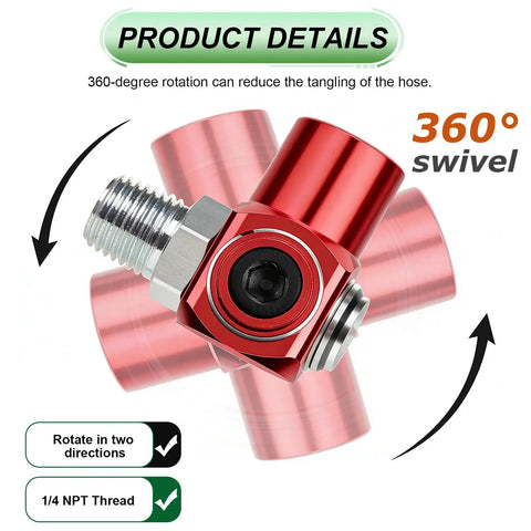 Close-up of a red, aluminum 2 Pack 360 Degree Swivel Air Tool Fittings Kit One Quarter Inch NPT Aluminum Adapters With MNPT Quick Connect Portable Air Hose Connectors For Hoses And Compressors, showing 1/4 NPT threads.