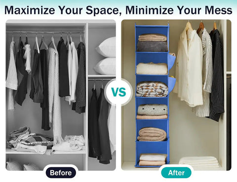 Hanging Closet Organizer With Six Shelves In Blue, Space Saving Hanging Storage Unit For Clothes And Accessories in use