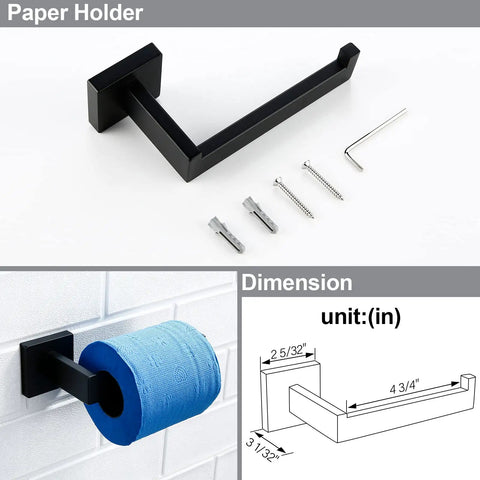 Matte Black Bathroom Hardware Kit 4 Piece Stainless Steel Heavy Duty Wall Mounted Toilet Paper Holder with installation tools shown