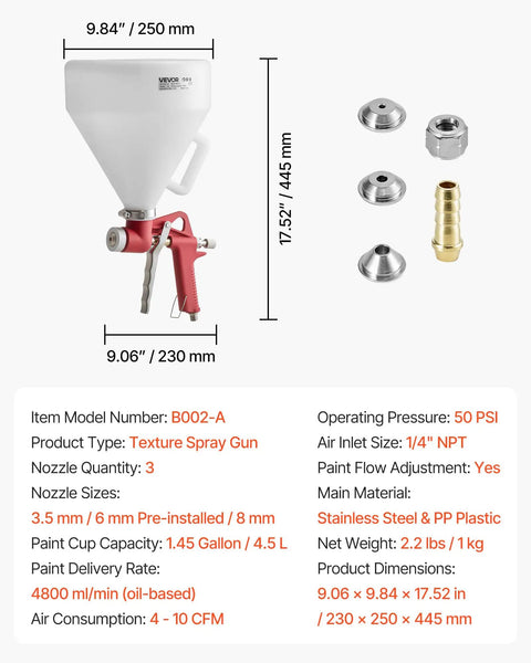 Professional Air Texture Spray Gun With 1.45 Gallon Hopper And Swappable Nozzles, featuring stainless steel, 3 nozzles.