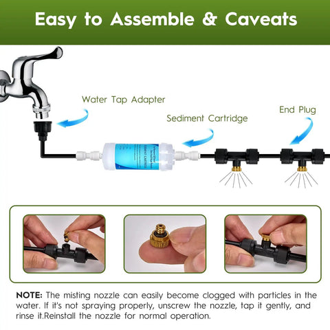 Assembly guide for Outdoor Misting Cooling System 30 Ft Kit with sediment cartridge and brass nozzles.