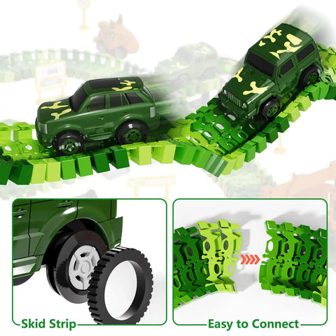 Epic Race Track Dino Adventure Kit with flexible tracks and green electric cars showing skid strip and easy connection features.