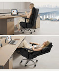 Woman using Ergonomic Leather Office Chair With Adjustable Headrest And Footrest, 170 Degree Zero Gravity Recline For Home Office, Black.