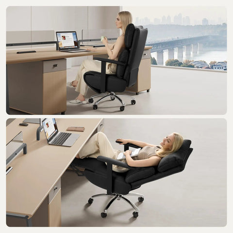 Woman using Ergonomic Leather Office Chair With Adjustable Headrest And Footrest, 170 Degree Zero Gravity Recline For Home Office, Black.