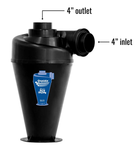 Black cyclone dust collector attachment with 4-inch inlet and outlet, Ultimate Cyclone Attachment For Single Stage Dust Collectors 0.5 To 3HP, Boost Airflow And Capture 99 Percent Dust Like A Boss, DIY Home Workshop Cleaning, Portable Attachment For Woodworking And Shop Dust Control.