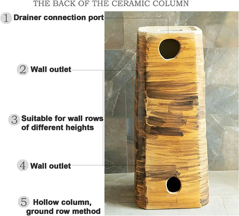Back view of Slick Ceramic Vessel Sink With Retro Industrial Pedestal Basin Design showcasing connection ports and features.