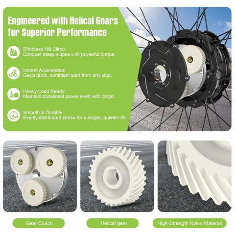 48V 500W Ebike Conversion Kit With Front Or Rear Hub Motor showing helical gears and high-strength nylon material for low noise