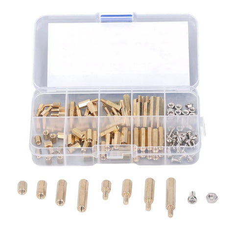 Brass M3 Hex Spacer Kit 120 Pieces Built For DIY Projects And Metalwork Premium Quality Spacers And Nuts Set Oxidation Resistant And Easy To Install Great For Automotive And Industrial Use in storage box