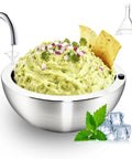Top Tier 304 Stainless Steel Dip Chiller Bowl 35oz Heavy Duty Water Cooling System with guacamole and chips.