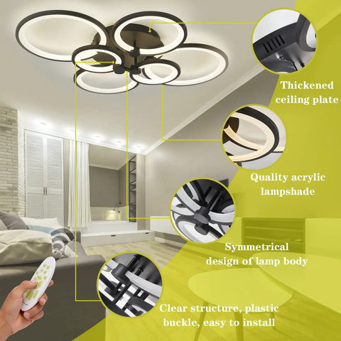 33.3 Inch Dimmable LED Ceiling Light With Six Ring Flush Mount And Acrylic Lampshade In Black, shown in a modern living room