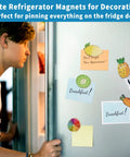 Person opening fridge door with decorative magnets and notes, illustrating easy install door bin on left side refrigerator door.