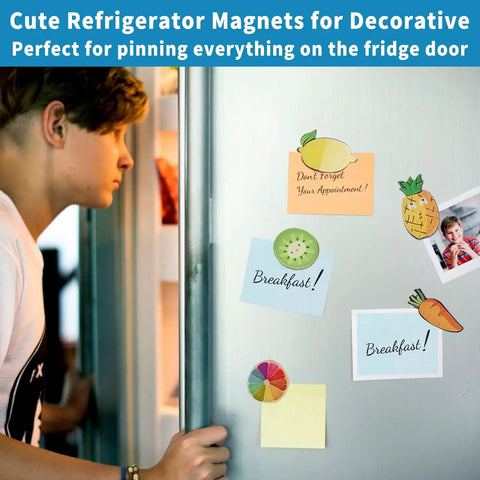 Person opening fridge door with decorative magnets and notes, illustrating easy install door bin on left side refrigerator door.