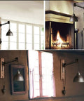 Badass Industrial Pulley Wall Sconce Featuring Solid Black Iron Rope Lighting mounted in cozy living spaces and near a fireplace.