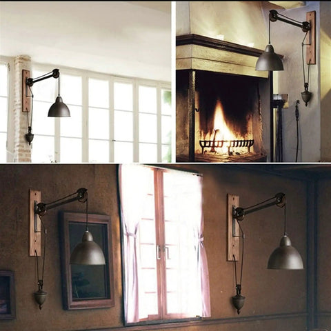 Badass Industrial Pulley Wall Sconce Featuring Solid Black Iron Rope Lighting mounted in cozy living spaces and near a fireplace.