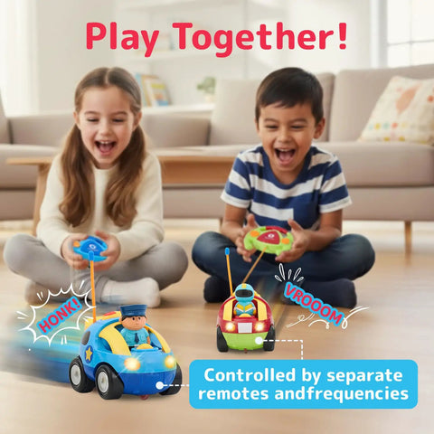 Two kids playing with Two Pack Cartoon RC Cars For Toddlers With Steering Wheel Controllers Lights And Sounds on a wooden floor