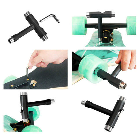 All In One Skate Tool Kit For Skateboards And Longboards With T Type Allen Key And L Type Phillips Head Wrench in use with skateboard