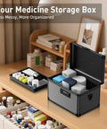 Code Lock Medicine Box With Removable Tray For Home Use Portable First Aid Box For Pills Or Meds Tough Aluminum Alloy Safe Box 10 By 6.9 By 6.9 Inches Black shown open on a wooden desk with various medications.