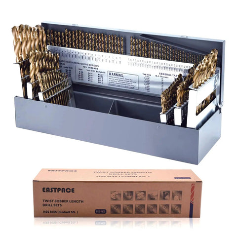 Pro Grade 115-Piece M35 Cobalt Drill Bit Set With Indexed Metal Case, displayed open showcasing drill bits and packaging box.