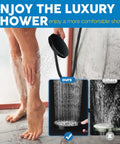 Person using 8 Inch Square Rain Shower Head With Handheld Spray Combo And Adjustable Extension Arm Three Way Flow Regulator High Pressure Hose Matte Black Shower System For Home Spa Vibe