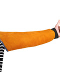 Heavy Duty Genuine Leather Welding Sleeves Tough As Nails That Lock In Comfort While Delivering Flame Resistant Arm Guard Coverage During Killer Grilling Tasks worn on arm with thumb up.