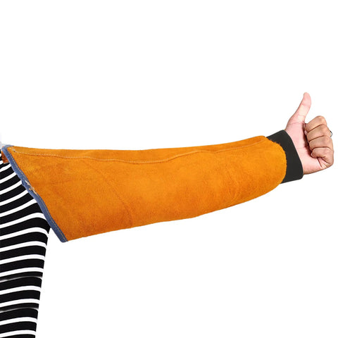 Heavy Duty Genuine Leather Welding Sleeves Tough As Nails That Lock In Comfort While Delivering Flame Resistant Arm Guard Coverage During Killer Grilling Tasks worn on arm with thumb up.