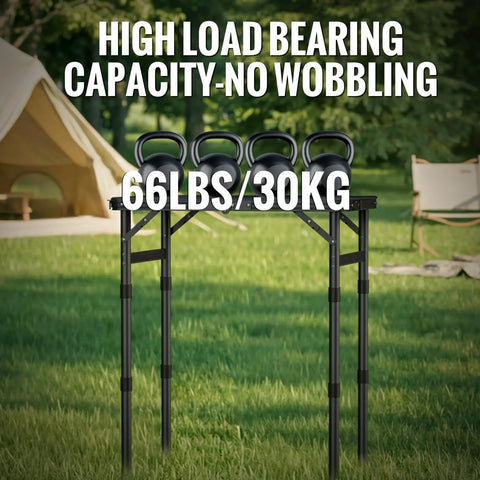 Foldable Camping Table With Waterproof Plastic Tabletop Portable Picnic Table Aluminum Frame Three Height Levels Ideal For BBQs Camping And Indoor Or Outdoor Use Sturdy Easy Clean 22.8 Inches Long 15.7 Inches Wide supporting four kettlebells outdoors