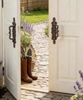 Two Piece Rustic Cast Iron Door Handle Set For Barn Doors Cabinets And Drawers Built Tough In Antique Black Finish on garden doors