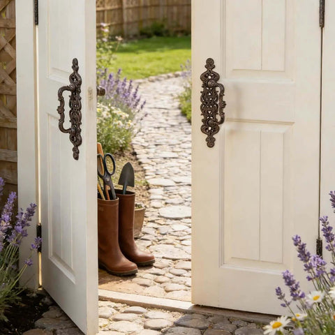 Two Piece Rustic Cast Iron Door Handle Set For Barn Doors Cabinets And Drawers Built Tough In Antique Black Finish on garden doors