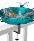 Built Tough Deck Mounted Bird Bath For Balcony Railing With Adjustable Secure Clamp Outdoor Metal Birdbath Lake Blue with birds bathing.