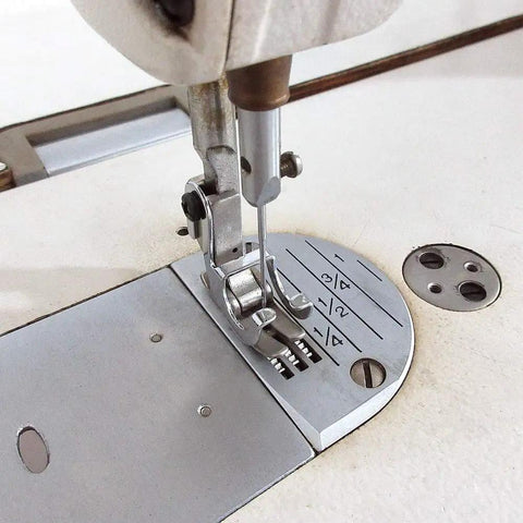 Close-up of sewing machine with Pro Grade Finger Guard Shield for Industrial Single Needle Sewing Machines installed on foot.