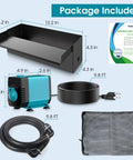 Pond Waterfall With Pump Kit 304 Stainless Steel Spillway Easy Install 40W 660GPH Pump 9.8Ft Corrugated Tubing For Garden Ponds 12Inch Water Feature Durable Outdoor Display, showing components including pump, tubing, and stainless steel spillway.