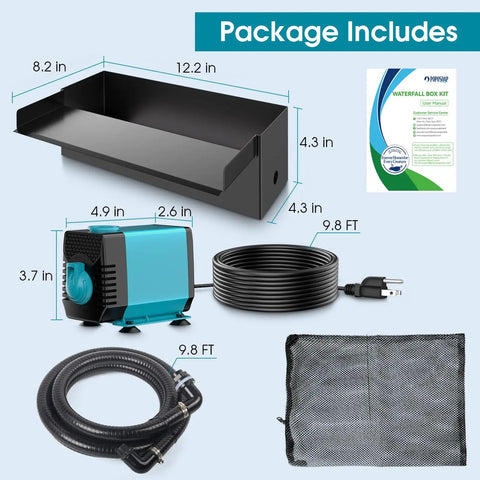 Pond Waterfall With Pump Kit 304 Stainless Steel Spillway Easy Install 40W 660GPH Pump 9.8Ft Corrugated Tubing For Garden Ponds 12Inch Water Feature Durable Outdoor Display, showing components including pump, tubing, and stainless steel spillway.
