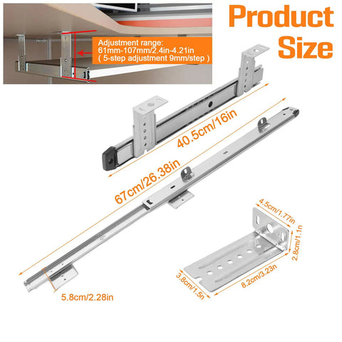 Slick Under Desk Keyboard Tray Pull Out Slide With Height Adjustable Full Extension Ball Bearing Rails showing dimensions and adjustment range.