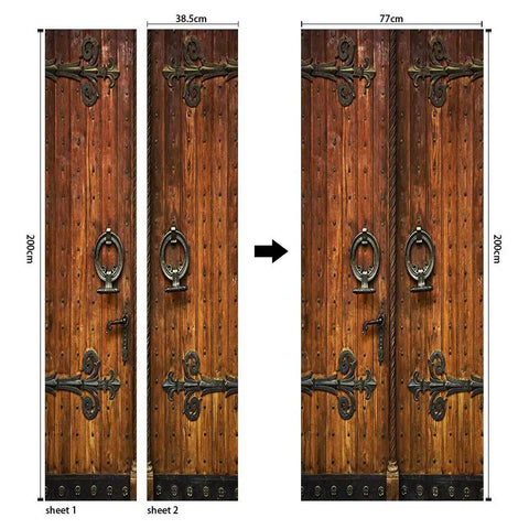 3D Classic Old Wood Door Decal Kit Peel And Stick Wall Mural Cover Removable Self Adhesive Wallpaper For Home Decor Two Panel Set 78.7 Inches Tall Per Panel Easy DIY Door Makeover showing detailed dimensions and design.