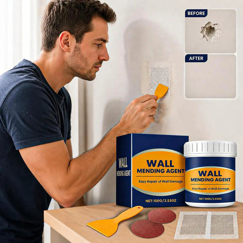Complete Drywall Repair Kit With Wall Patch Spackle Paste And Sturdy Plastic Scraper For Rapid Hole And Crack Repairs Smooth White Putty That Leaves Surfaces Looking Fresh And Clean being used to repair wall damage.